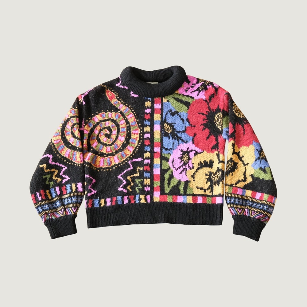 FARM RIO Black Mixed Scarves Sweater Snake Floral Knit Pullover XS Boho Eclectic